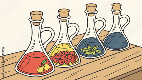 A collection of oil and vinegar bottles on a wooden table, featuring various flavors with herbs and fruits, showcasing a healthy and organic homemade recipe