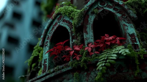 abandoned city, factory old rusted building, tower covered in green moss. 