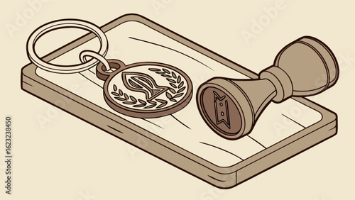 Antique keychain with emblem and wax stamp isolated on white background, a vintage accessory symbolizing identity and official mark with retro style and design