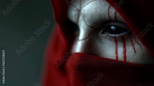 scary person with scars on the face covered in red cloth. 