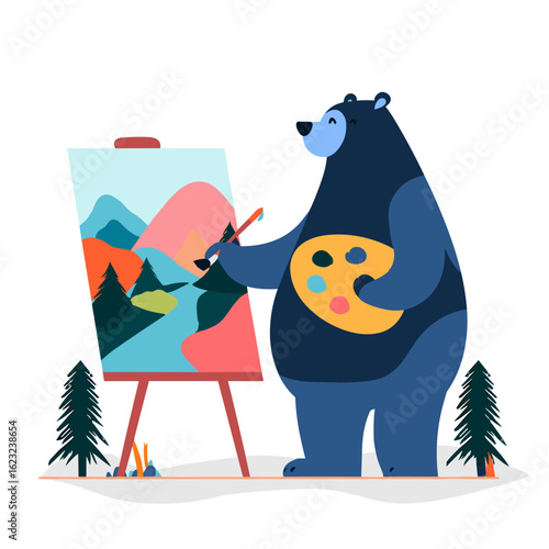 A bear artist painting a scenic landscape with a palette.