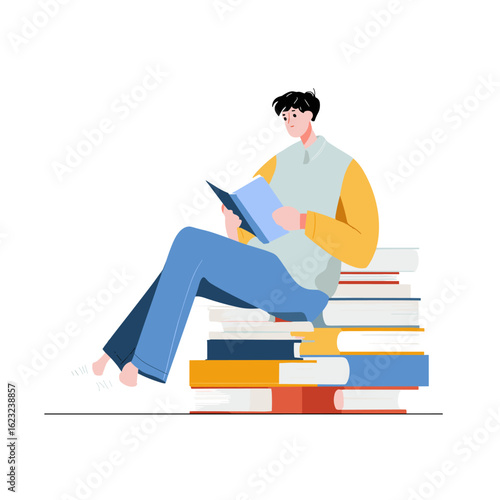 A young man absorbed in reading, perched atop a stack of books.
