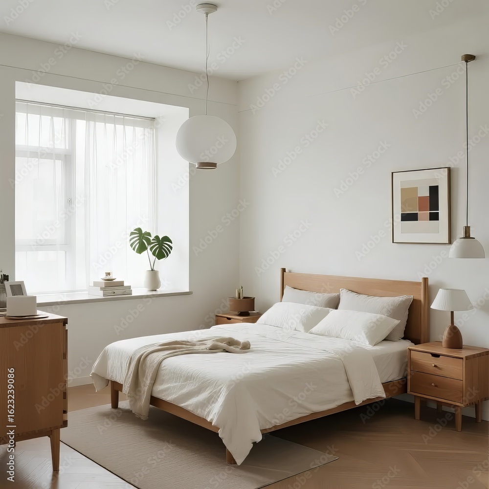 Fototapeta premium Minimalist Bedroom with Wooden Furniture and Soft Lighting
