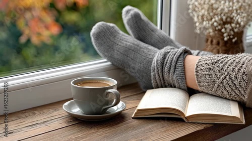 Enjoying a cozy afternoon with warm coffee and a good book by the window on a colorful autumn day