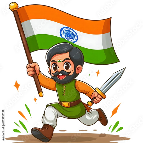 Indian Independence Day celebration cartoon illustration holding the flag, cute character isolated on a transparent background
