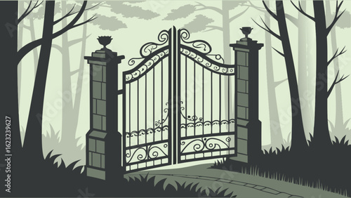 An ornate iron gate stands as a grand entrance, surrounded by trees, inviting exploration into the serene beauty of natures embrace