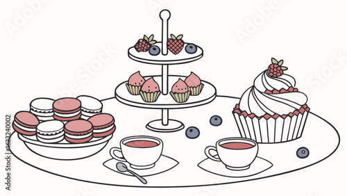 A delightful tea party illustration with cakes, macarons, and berries on a tiered stand and tray, isolated on white background for versatile use