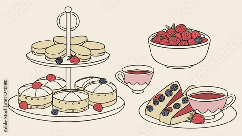 A charming tea time illustration featuring cakes, berries, and tea cups on a tiered stand and plate, creating a delightful and inviting scene
