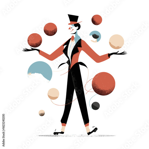 A stylized circus performer juggling multiple balls.