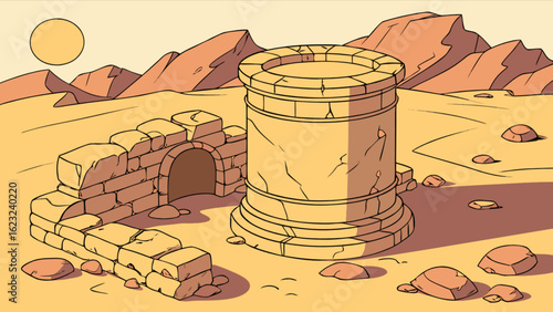 A desert landscape featuring the ruins of an ancient stone structure, with mountains, sand, and a clear sky, creating a sense of history and exploration