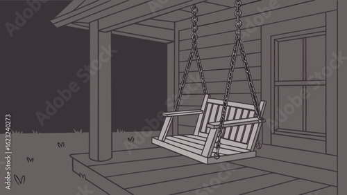 A porch swing hangs on a house, creating a peaceful and inviting scene, evoking feelings of relaxation, solitude, and the charm of rural living