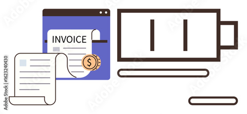 Online invoice pages accompanied by a dollar coin icon, paired with a low battery meter. Ideal for billing, finance management, payment deadlines, business energy, cost tracking, accounting