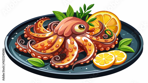 Enjoy succulent grilled octopus beautifully arranged on a matte black plate with lemon wedges and fresh herbs, illuminated by warm light for added texture white  background