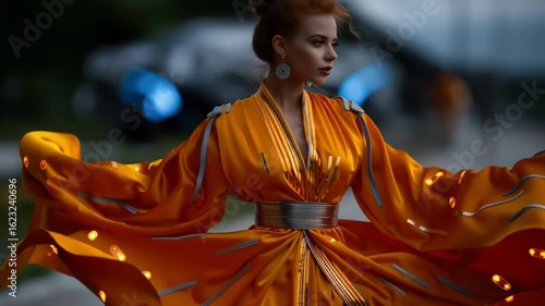 woman in a orange, yellow dress dancing on the street