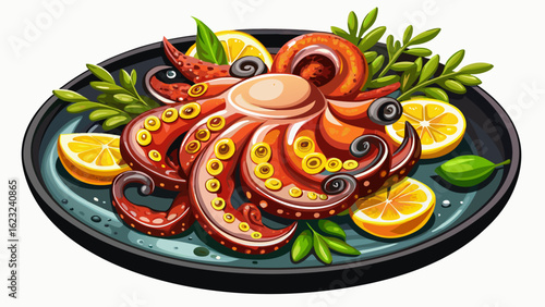 Enjoy succulent grilled octopus beautifully arranged on a matte black plate with lemon wedges and fresh herbs, illuminated by warm light for added texture white  background