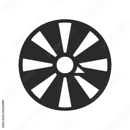 Black and white wagon wheel icon with spokes in a circular design