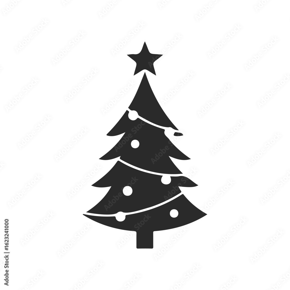 Obraz premium Silhouette of a decorated christmas tree with star topper on white background