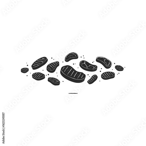 Hand-drawn sketch of various meat cuts on white background