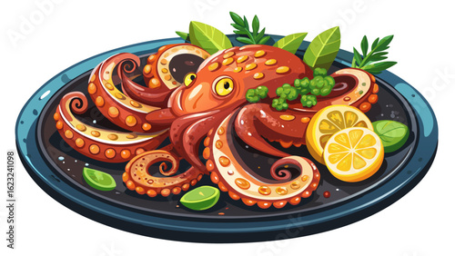 Enjoy succulent grilled octopus beautifully arranged on a matte black plate with lemon wedges and fresh herbs, illuminated by warm light for added texture white  background