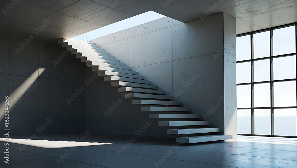 Fototapeta premium Modern Architecture Interior Featuring Concrete Staircase and Large Window with Natural Light Minimalist Design and Architectural Details