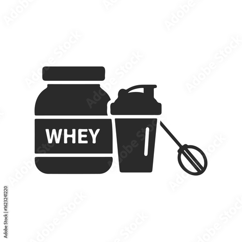 Whey protein jar with shaker and whisk icon on white background