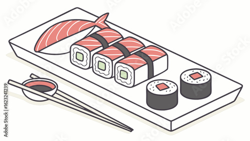 Sushi set with salmon nigiri, maki rolls, soy sauce, and chopsticks on a plate, a cartoon illustration isolated on white background