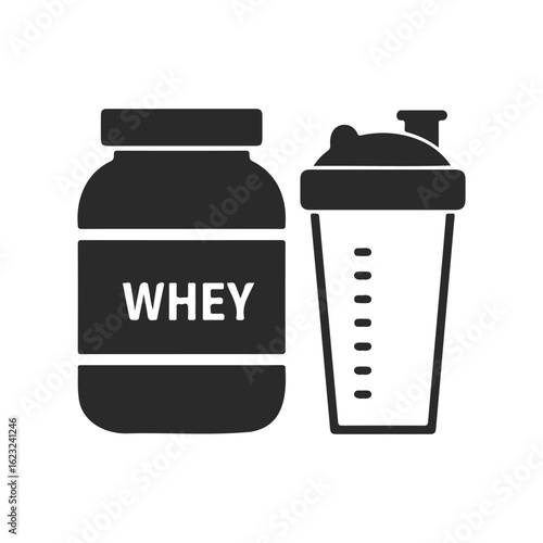 Whey protein jar and shaker bottle icon symbolizing fitness and nutrition