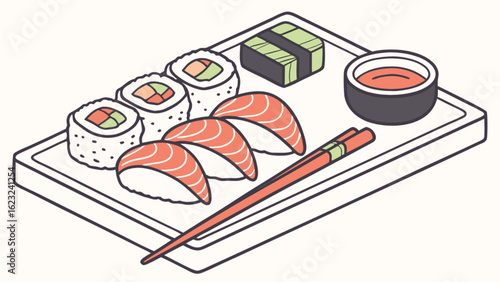 Illustration of a sushi set isolated on white background, featuring salmon nigiri, maki rolls, and soy sauce, perfect for showcasing japanese cuisine