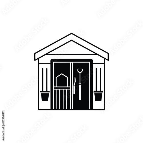 Vector art of black and white illustration of a garden shed with tools isolated on white background
