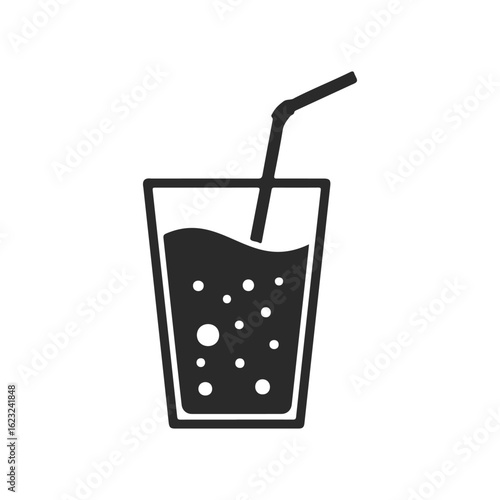Glass of fizzy beverage with straw in black and white icon design