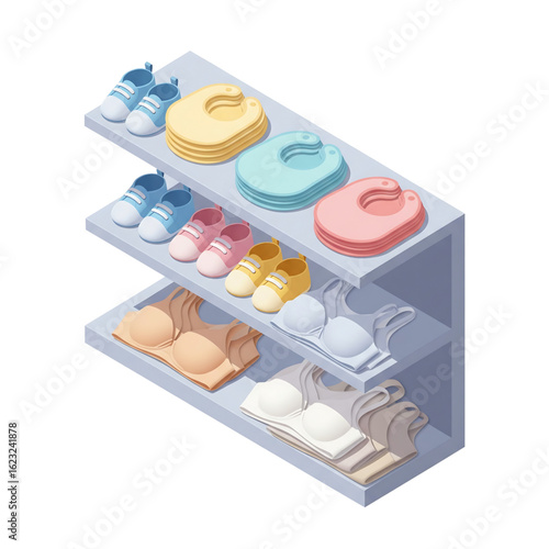 Isometric retail shelf display with baby accessories and women's lingerie. Shopping concept for boutique or department store.