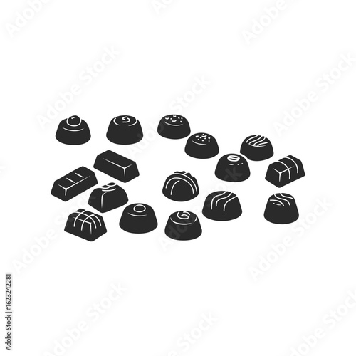 Assorted chocolate pralines on white background in black silhouette