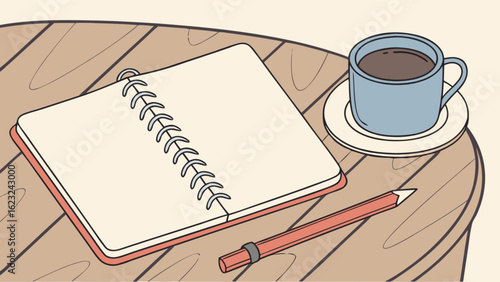 A notebook with blank pages, a cup of coffee, and a pencil on a wooden table, perfect for writing, studying, or enjoying a morning beverage