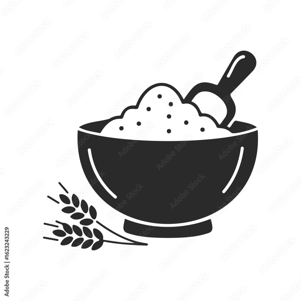 Silhouette of a bowl with flour, wheat sheaf, and scoop on white background Silhouette of a bowl with flour, wheat sheaf, and scoop on white background