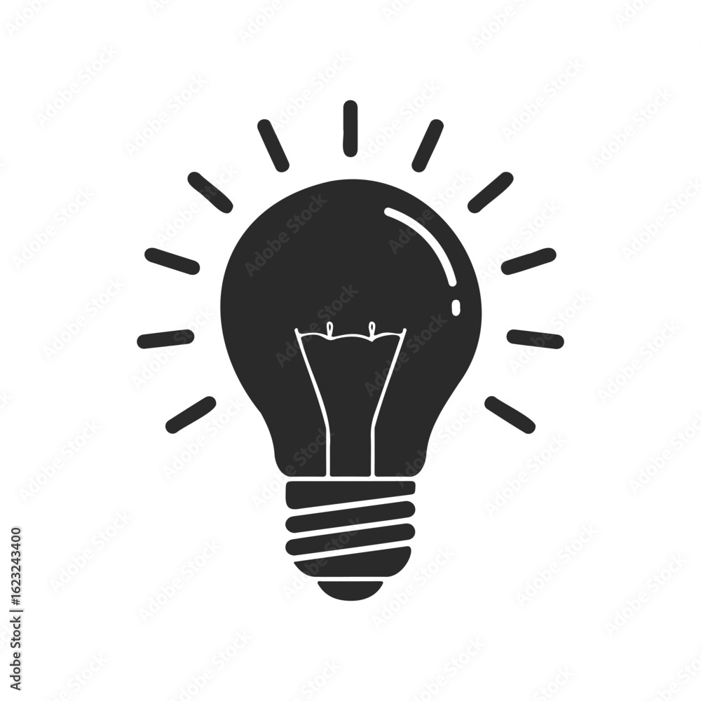 Black and white light bulb illustration with radiating light Black and white light bulb illustration with radiating light