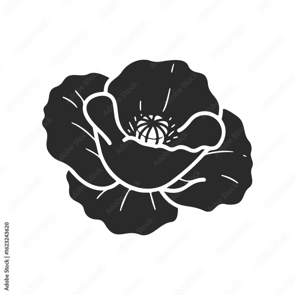 Minimalist black and white poppy flower silhouette design Minimalist black and white poppy flower silhouette design