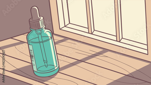 A teal dropper bottle sits on a wooden surface near a window with sunlight shining through it