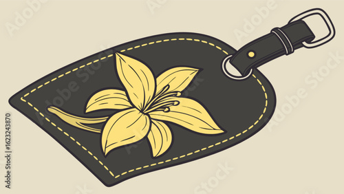A black leather luggage tag with a yellow flower design and buckle strap detail shown