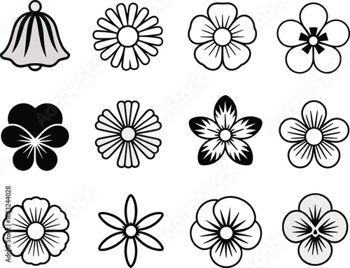 Collection of stylized flower and bell icons floral