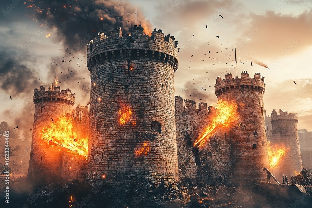 Fototapeta premium medieval castle siege with battering rams and flaming arrows