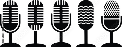 Five vintage microphones in a row with different grill patterns