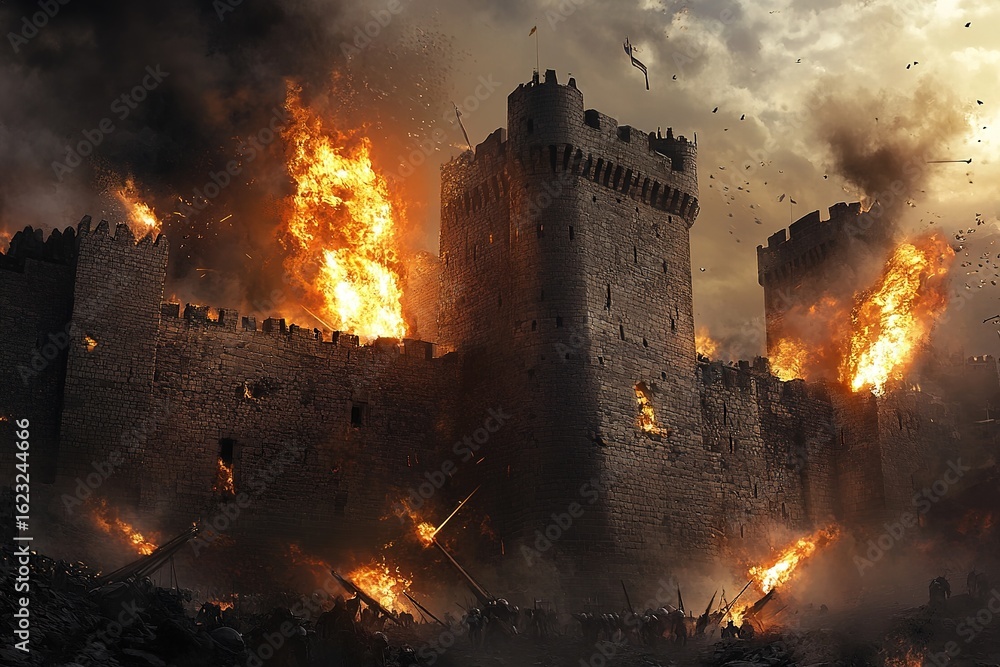 Fototapeta premium medieval siege with catapults launching flaming rocks at stone castle walls