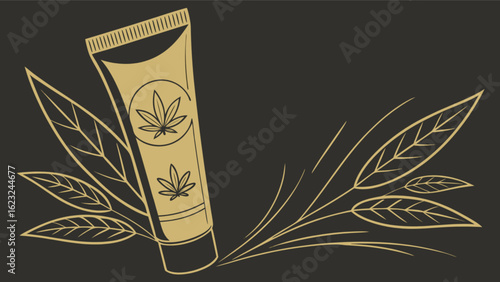 Illustration of a tube with cannabis leaves and decorative leaves on a dark background