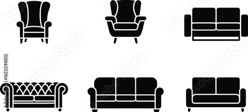 Collection of classic furniture silhouettes including wingback chairs and sofas