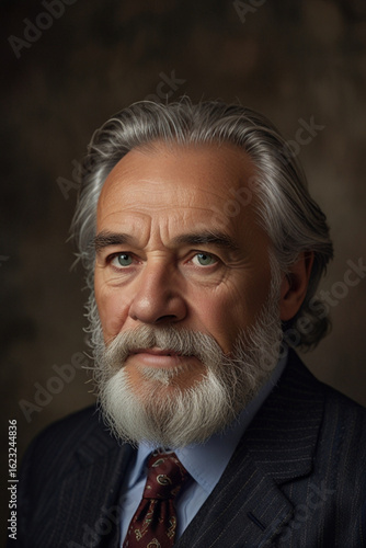 Close-up portrait of an elderly man with gray hair and a full beard, looking thoughtful and calm.