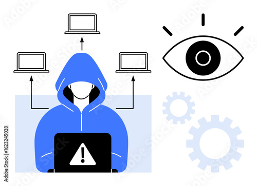 Hacker using laptop with warning sign, connected laptops, eye icon, gears indicating monitoring, and analysis. Ideal for cybersecurity, hacking, digital threats, online privacy data protection