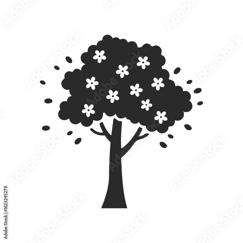 Silhouette of a tree with blossoming flowers on branches