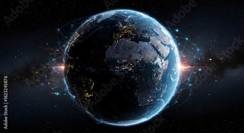 Earth with glowing network connections against dark background  