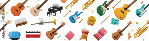 Collection of Colorful Miniature Musical Instruments Arrayed in Festive Pattern Seamless Music Background Musical Instrument Ensemble Harmony Design Musicality Concept