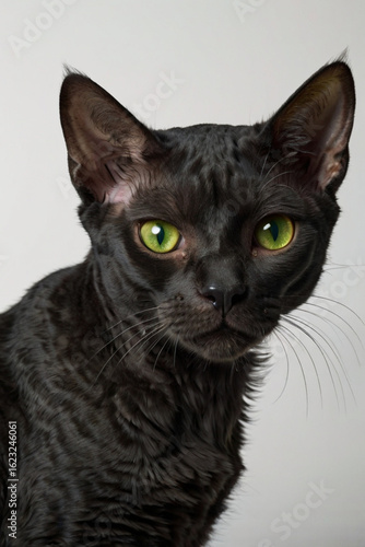 Studio Portrait of Black Devon Rex Cat on White Background